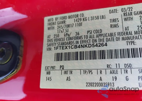 2022 Ford F-150 Xl z USA, uszkodzony, nr VIN 1FTEX1CB4NKD54264